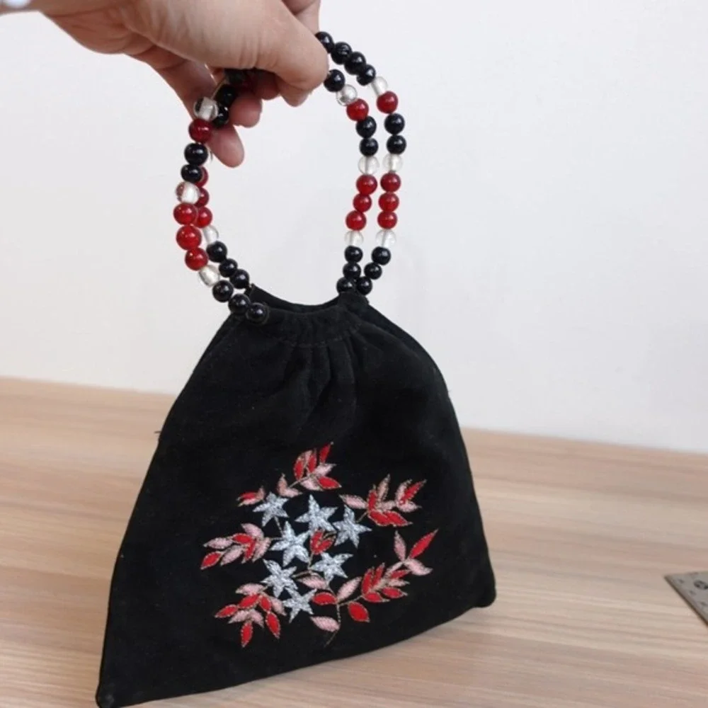 Black‎ Boho Evening Purse Womens Beaded Floral Embroidered Pouch Bag Small MONYA